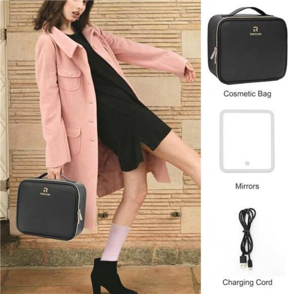 Travel makeup bag with LED mirror cosmetic case organizer with dividers black - Picture 6 of 7